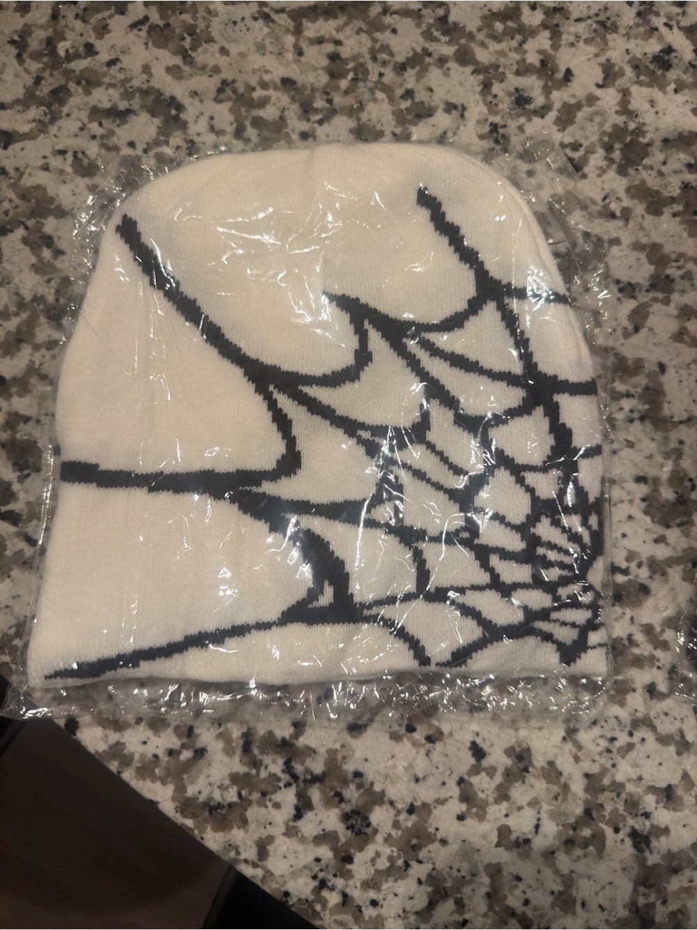 White Knit Beanie with Black Web Pattern - Unbranded
